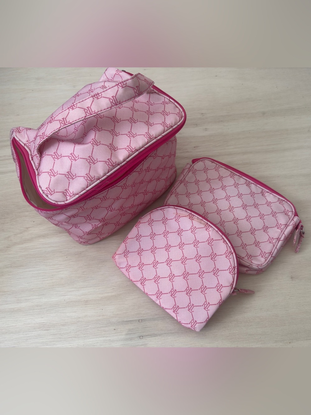 Lauren Ralph Lauren Pink Monogram Cosmetic Bag 3pc Set
